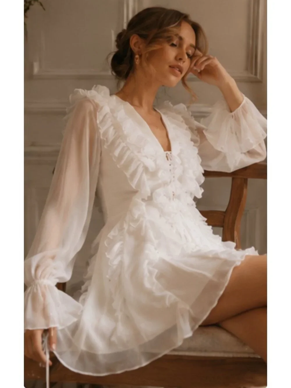 Endless Rose Long-Sleeve Chiffon Ruffle Mini Dress Size Large New With Tags